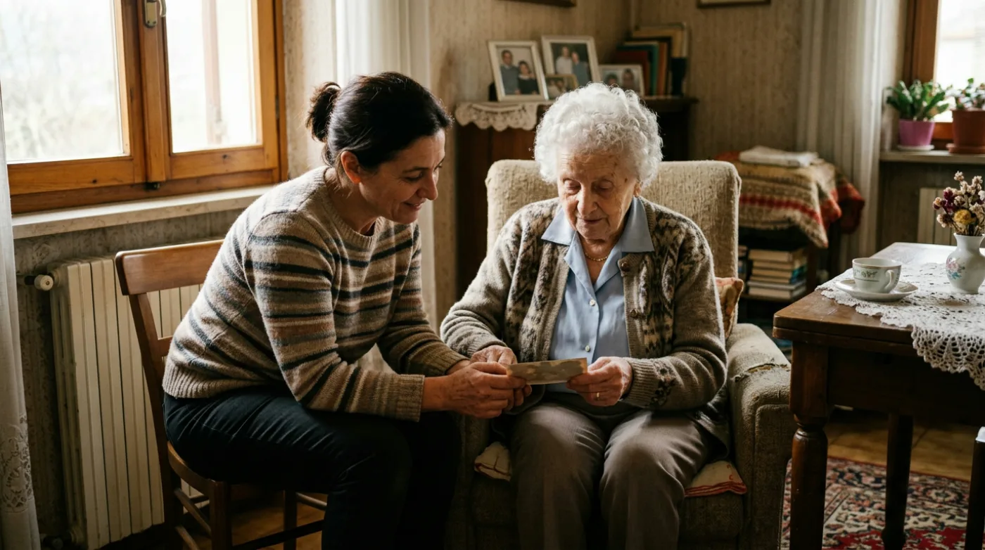 Una persona anziana assistita a casa da un familiare